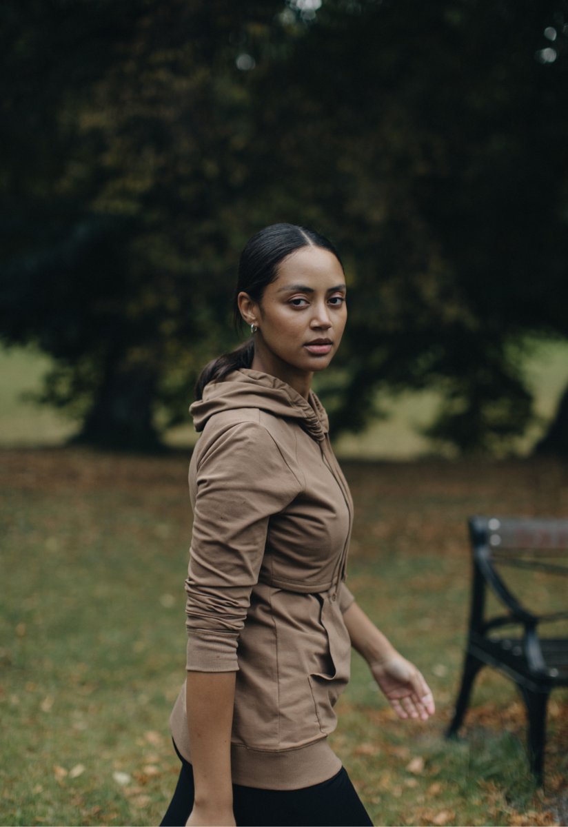 Fleece lined maternity hoodie with nursing access - Hazelnut