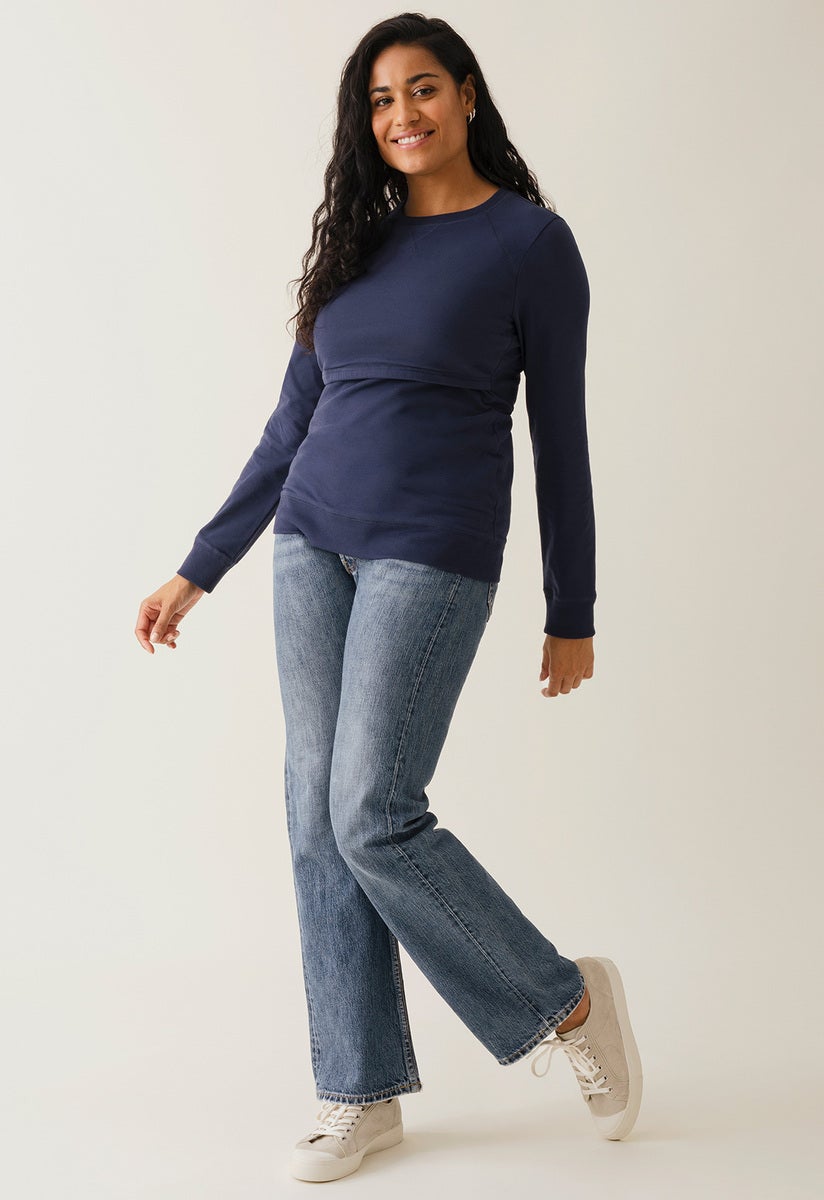 Fleece lined maternity sweatshirt with nursing access - Navy