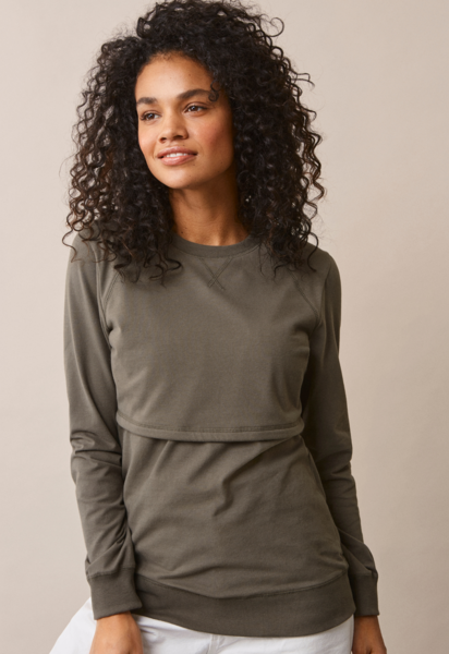 Fleece lined maternity sweatshirt with nursing access - Olive Leaf