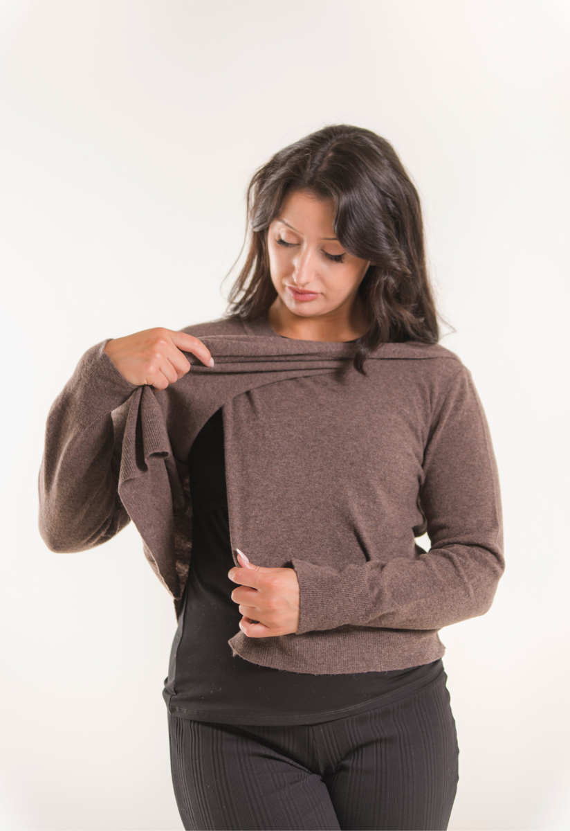 Knitted nursing sweater - Brown Grey Melange