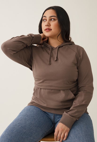 Fleece lined maternity hoodie with nursing access - Dark Taupe