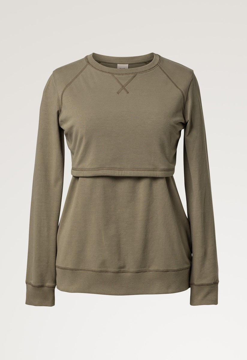 Fleece lined maternity sweatshirt with nursing access - Khaki Green