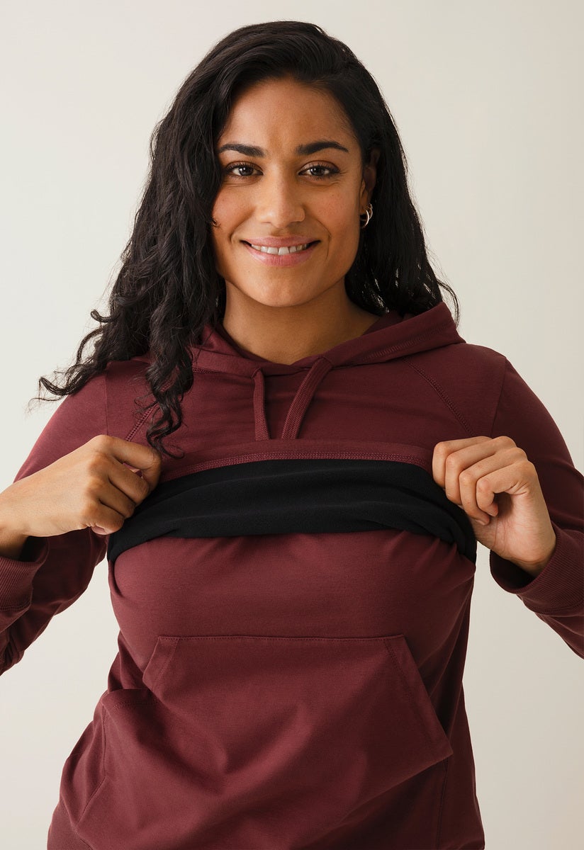 Fleece lined maternity hoodie with nursing access - Port Red
