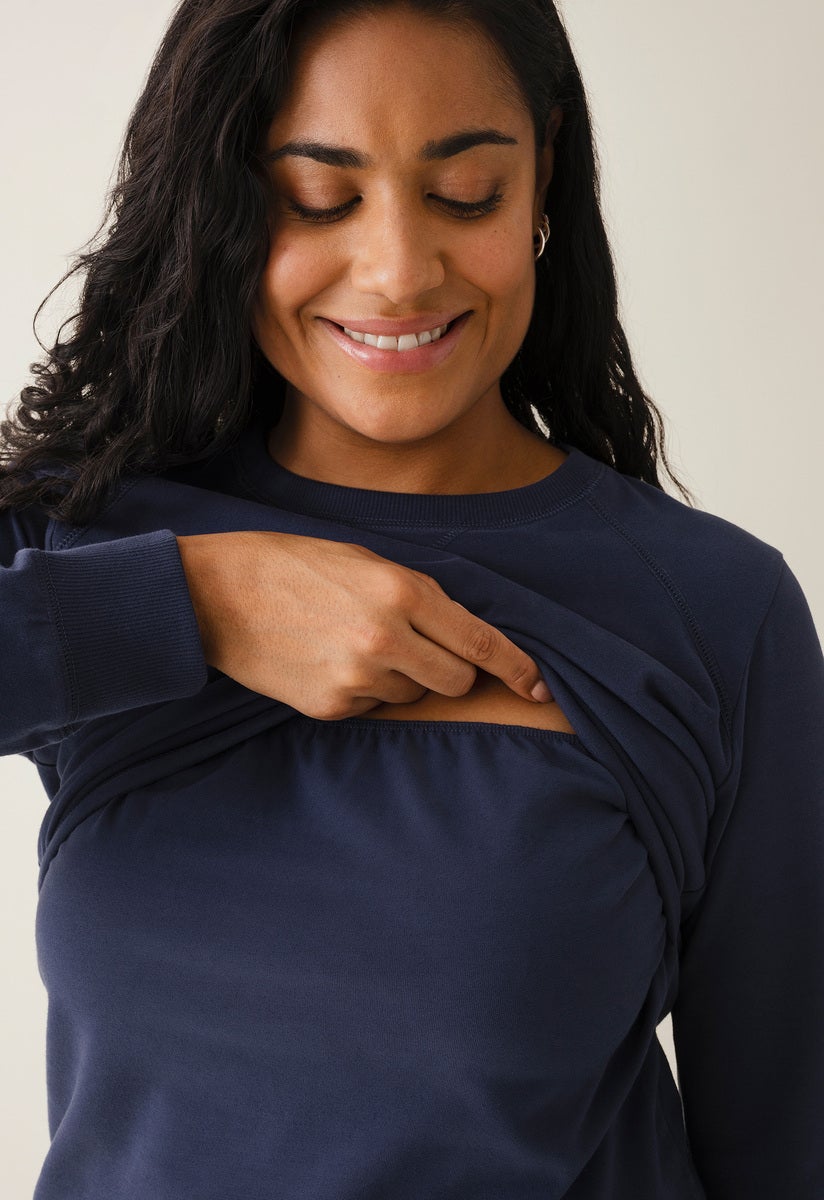 Fleece lined maternity sweatshirt with nursing access - Navy