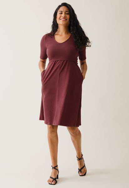 A shaped nursing dress short sleeve - Dark Red