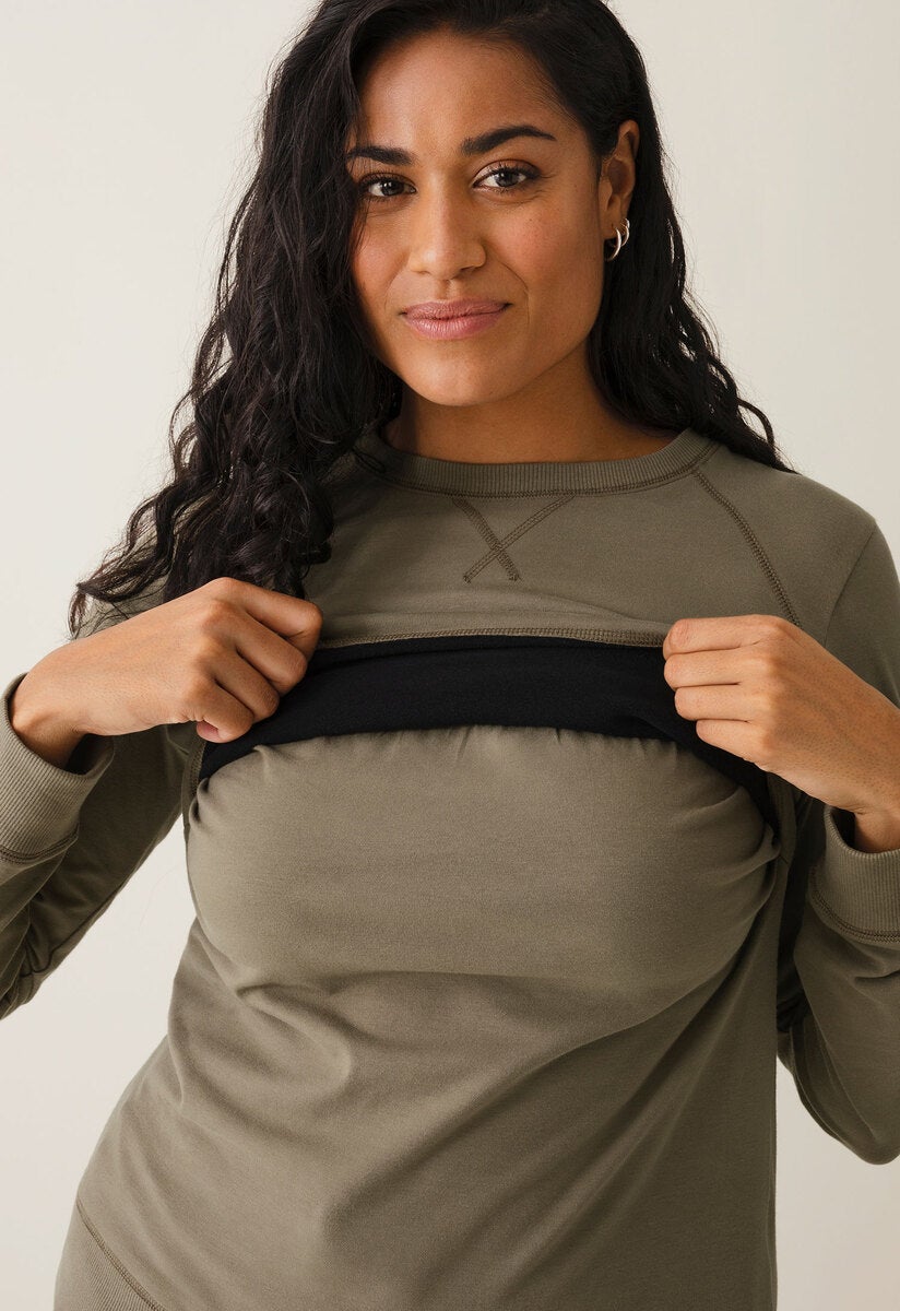 Fleece lined maternity sweatshirt with nursing access - Khaki Green