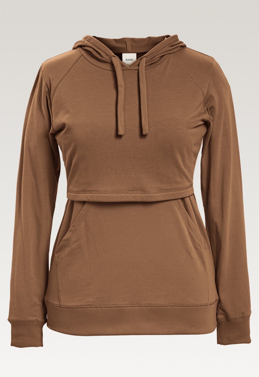Fleece lined maternity hoodie with nursing access - Hazelnut