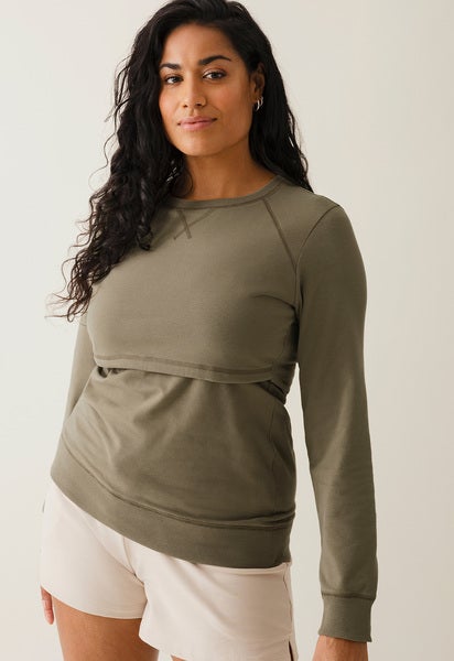 Fleece lined maternity sweatshirt with nursing access - Khaki Green