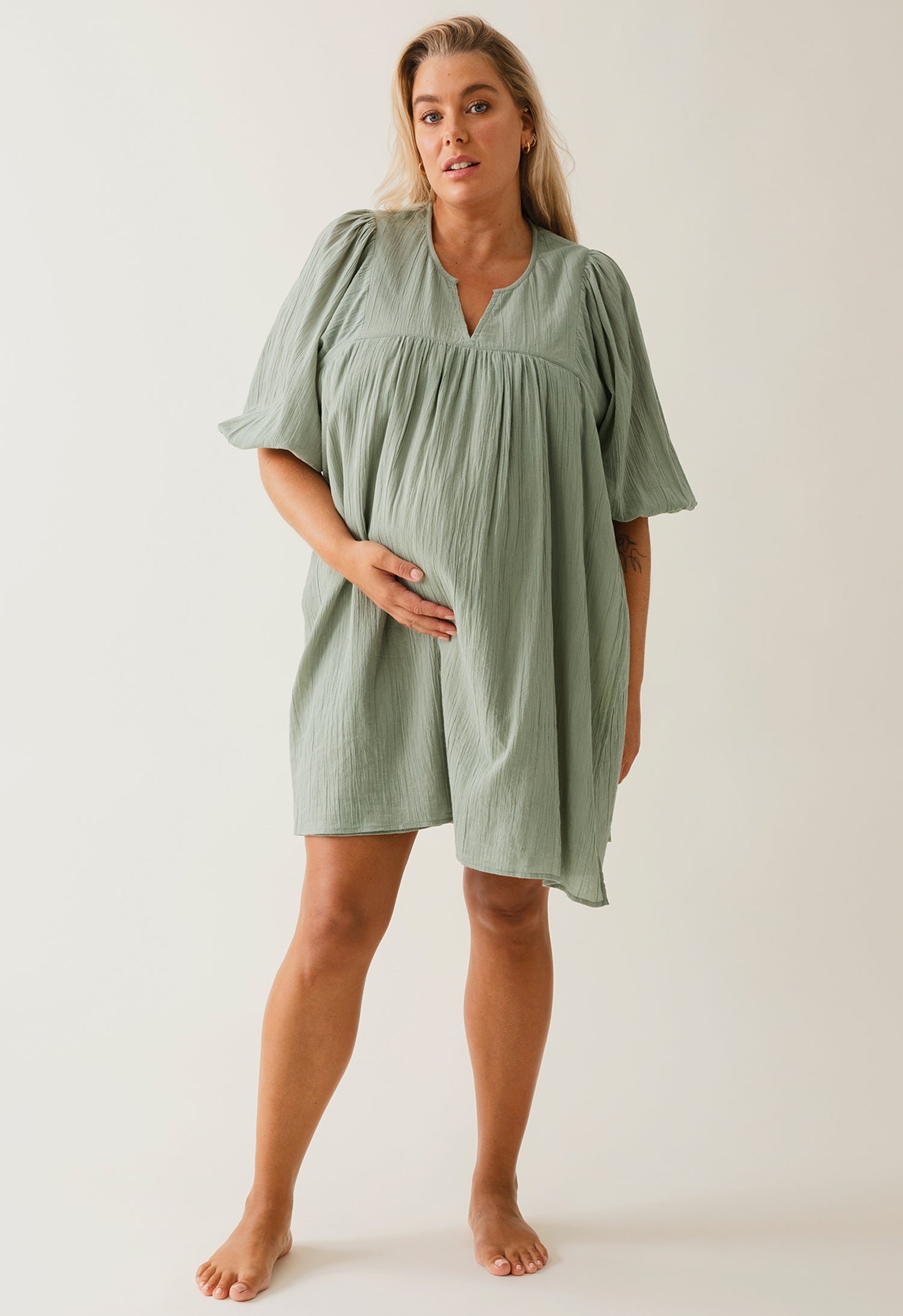 Boho maternity mini dress - Green Tea