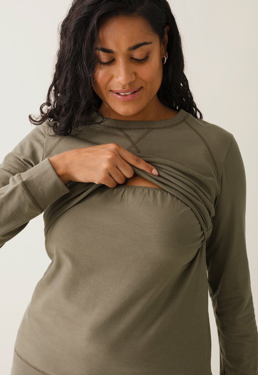 Fleece lined maternity sweatshirt with nursing access - Khaki Green