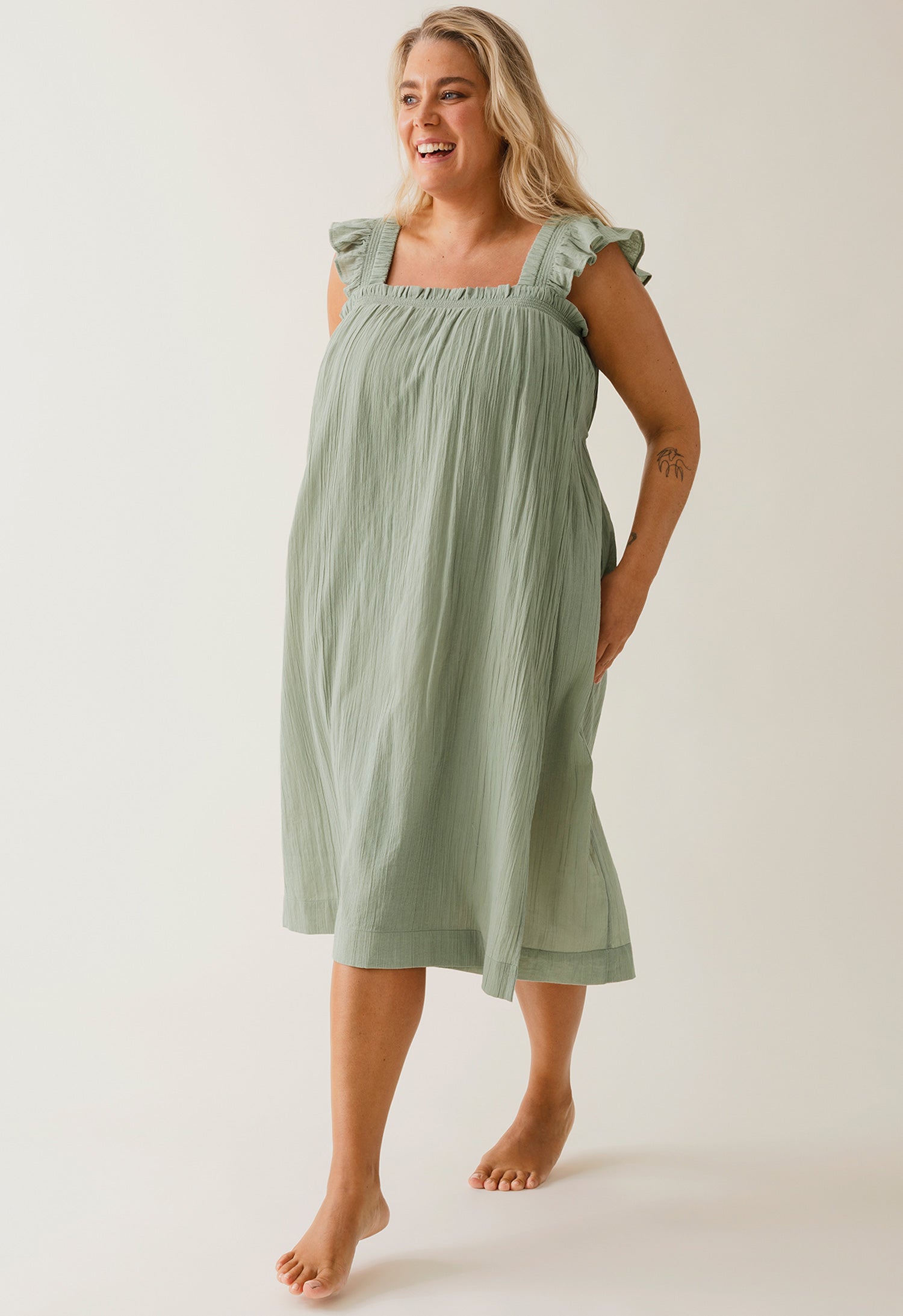 Boho maternity dress with smocking - Green Tea